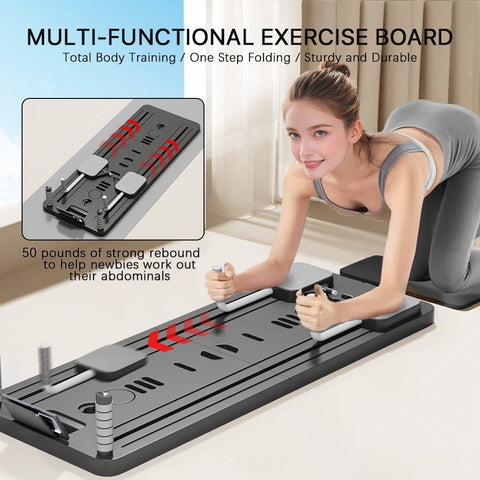 Black Bull Multi-Functional Foldable Pilates Reformer Abdominal Core Trainer with A B Roller Wheels for Workout Exercise