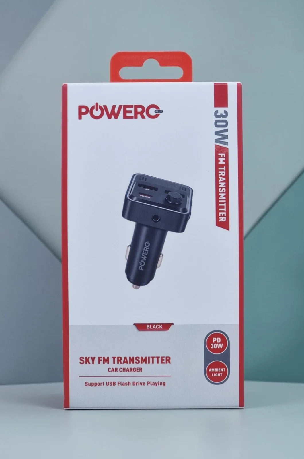 شاحن السيارة Powero+ Sky مع مرسل FM ودعم PD بقدرة 30W - أسود