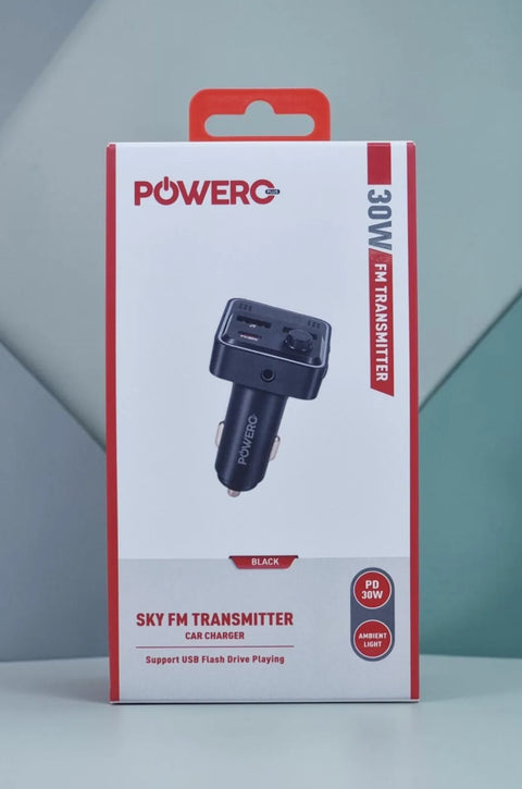 شاحن السيارة Powero+ Sky مع مرسل FM ودعم PD بقدرة 30W - أسود