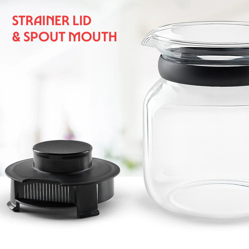 Borosil Vision Borosilicate Glass Carafe with Inbuilt Strainer, Flameproof Microwave Safe Tea Coffee Server