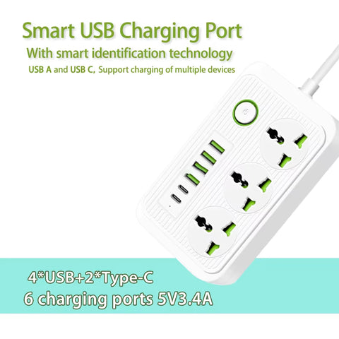 KKF, Universal Power Socket Strip 3000W with 3 AC Outlets & 6 USB Ports (4 USB-A + 2 USB-C), 13A Extension Cable