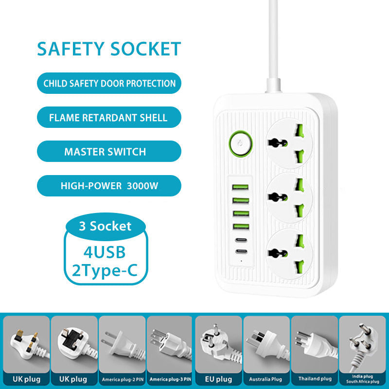 KKF, Universal Power Socket Strip 3000W with 3 AC Outlets & 6 USB Ports (4 USB-A + 2 USB-C), 13A Extension Cable