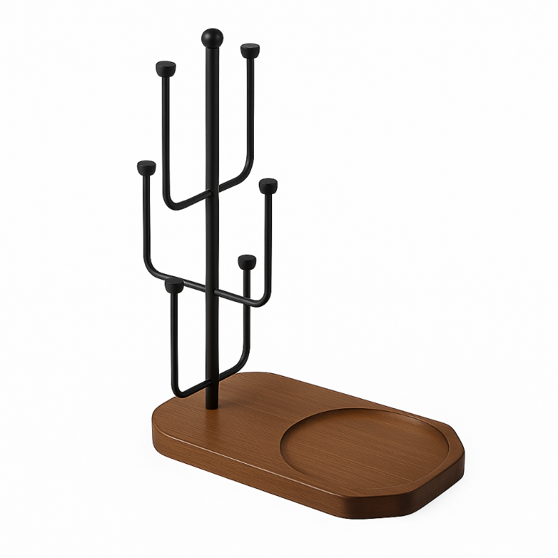 KKF, Vertical Glass Drying Stand with Wooden Tray Base, 42cm Freestanding Metal Drinkware Organizer