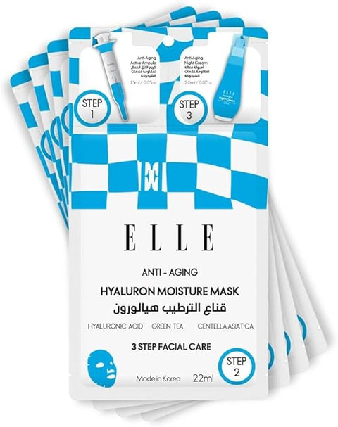Korean ELLE Anti-Aging Hyaluron Moisture Mask 3-Step Care Kit - Hydrating Ampoule, Moisture-Boosting Mask, Night Cream - Deep Hydration, Skin Firming, Wrinkle Reduction, All Skin Types- 4 Packs