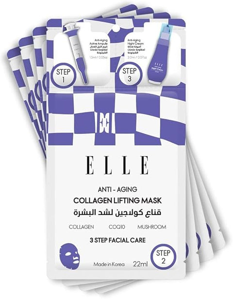 Korean ELLE Anti-Aging Collagen Lifting Mask 3-Step Care Kit - Hydrating Ampoule, Firming Sheet Mask, Night Cream - Wrinkle Reduction, Skin Elasticity, Deep Moisturizing, Brightening, All Skin Types- 4 Packs