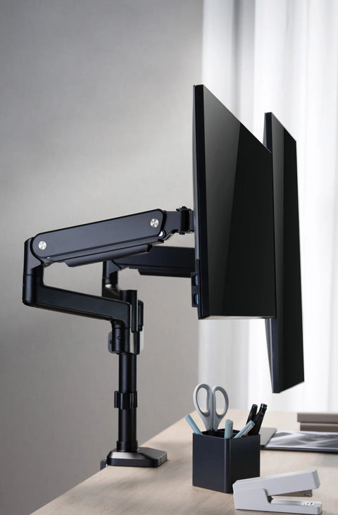 GAMEON GO-2045 Pole-Mounted Gas Spring Dual Monitor Arm, Stand And Mount For Gaming And Office Use, 17" - 32", Each Arm Up To 9 KG - Black