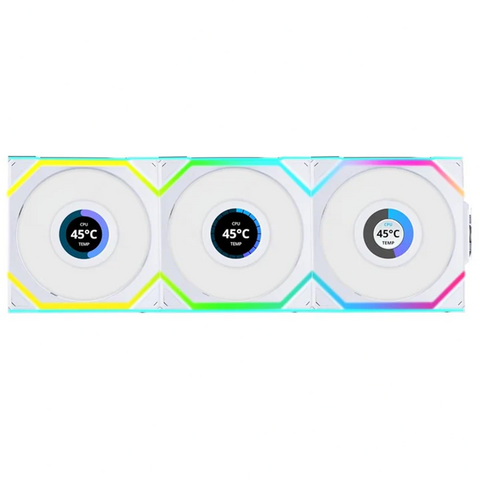 LIAN LI, UNI FAN SL Wireless LCD Reverse Blade 120mm ARGB Case Fans with 1.6” LCD Screen (3 Pack) - White