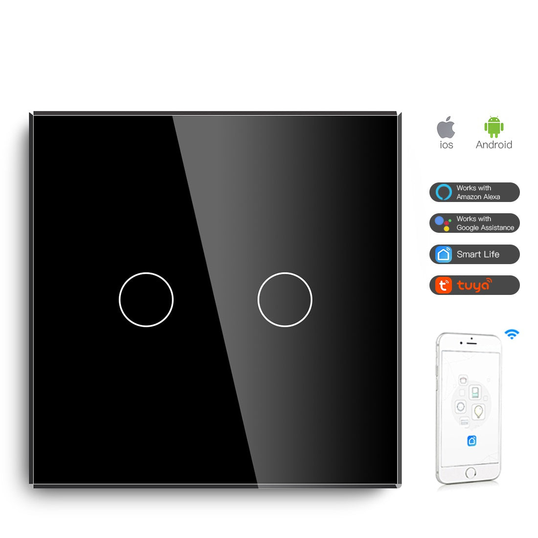Gopeta, 2-Gang Smart Wi-Fi Touch Switch 600W with Glass Panel