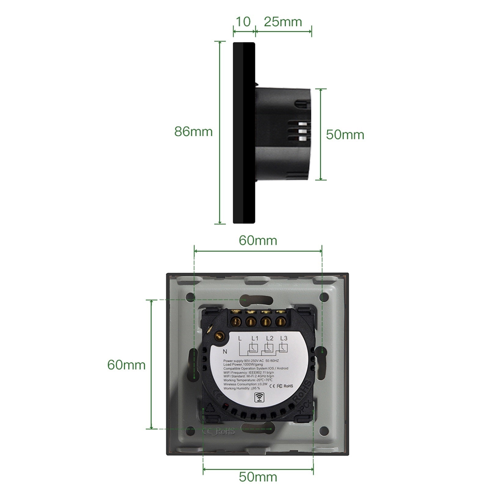 Gopeta, 3-Gang Smart Wi-Fi Touch Switch 600W with Glass Panel