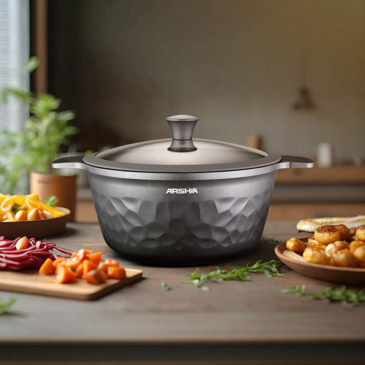 Arshia CO110-3127, 28cm Die-Casting Aluminium Casserole With Lid – Diamond Design, Non-Stick Interior