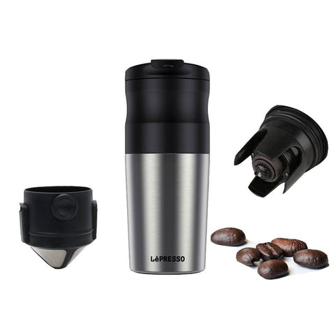 LePresso Portable Mug Burr Grinder Coffee Maker - Silver