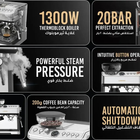 Lepresso Espresso Machine Conical Grinder & Steamer - Silver
