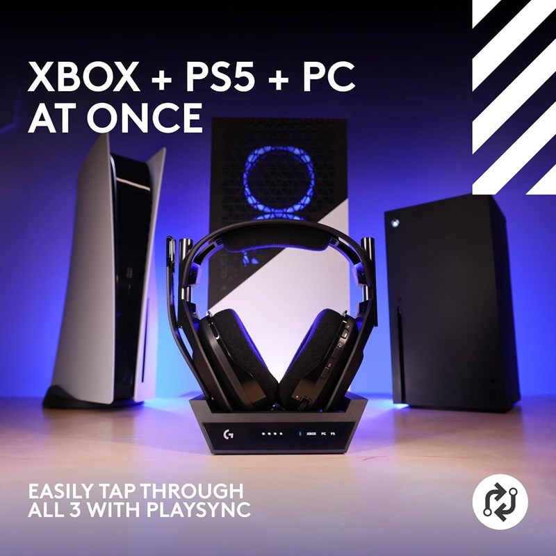 سماعة الألعاب اللاسلكية Logitech Astro A50 X LIGHTSPEED + محطة القاعدة، PRO-G GRAPHENE، PLAYSYNC عبر Xbox Series X|S + PS5 + الكمبيوتر الشخصي/mac، بلوتوث، HDMI 2.1 Passthru - أسود