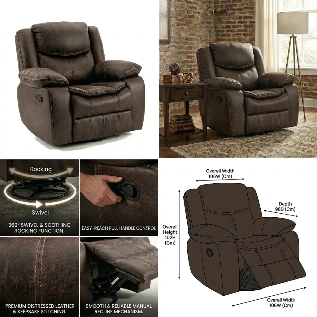 Lounge Swivel Rocking Recliner Sofa (106 x 98 x 102 cm) - Dark Brown