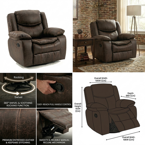 Lounge Swivel Rocking Recliner Sofa (106 x 98 x 102 cm) - Dark Brown