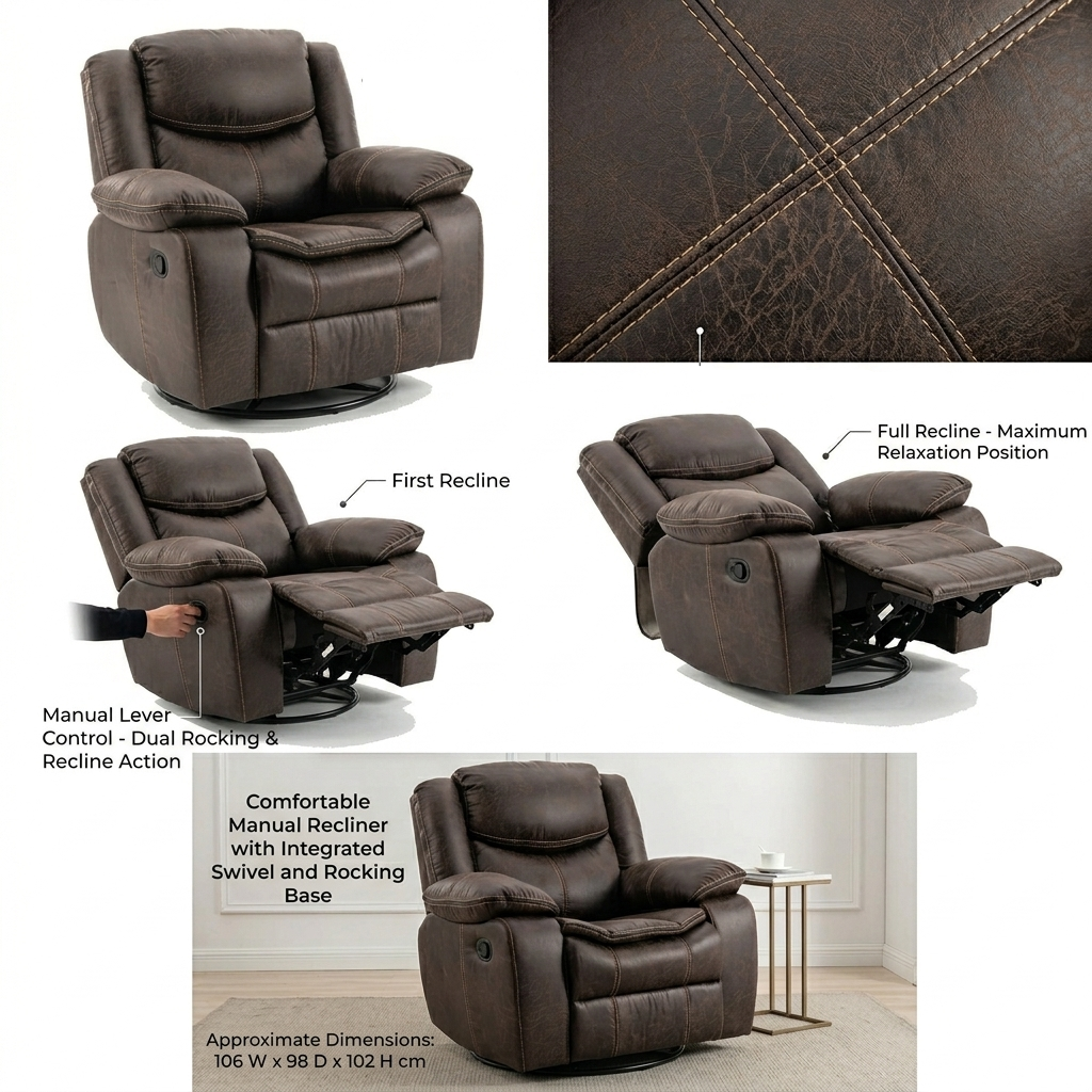 Lounge Swivel Rocking Recliner Sofa (106 x 98 x 102 cm) - Dark Brown