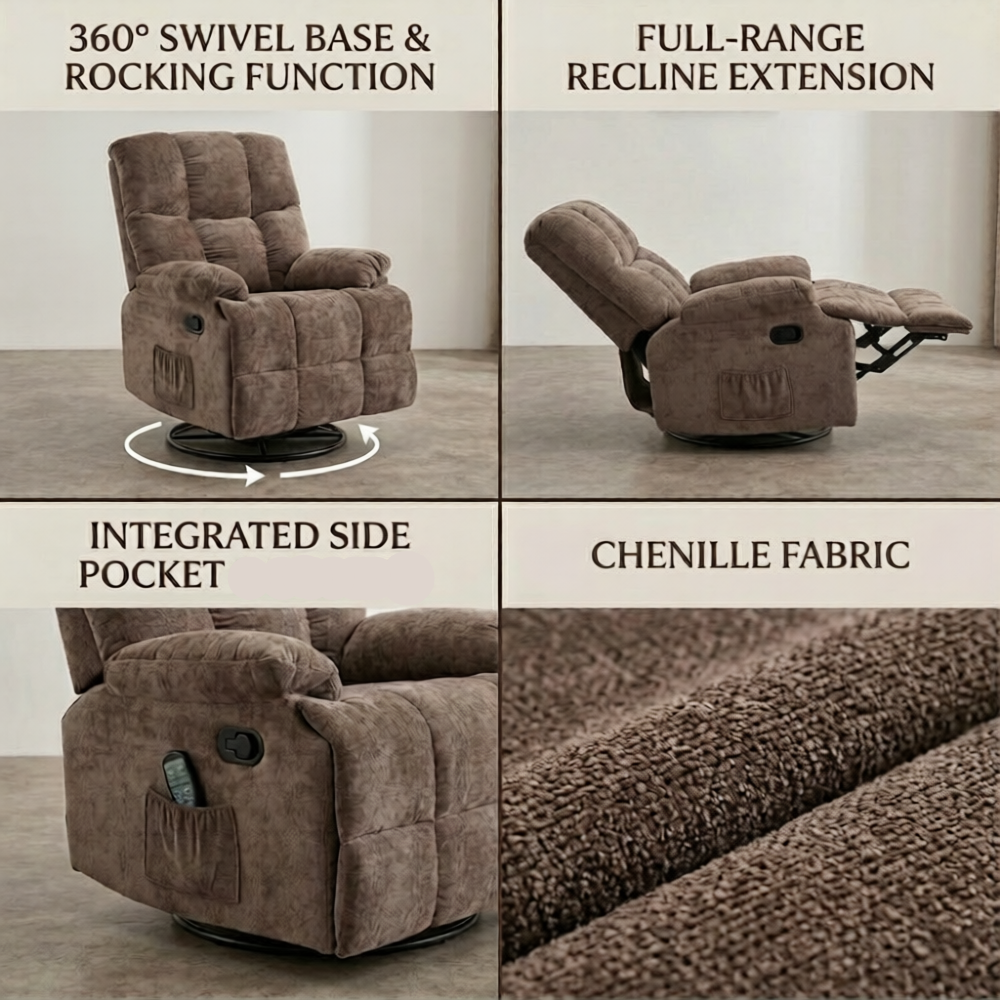 Lounge Swivel Rocking Recliner Sofa – Chenille Fabric (88 x 94 x 103 cm) - Brown