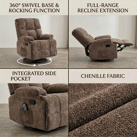 Lounge Swivel Rocking Recliner Sofa – Chenille Fabric (88 x 94 x 103 cm) - Brown