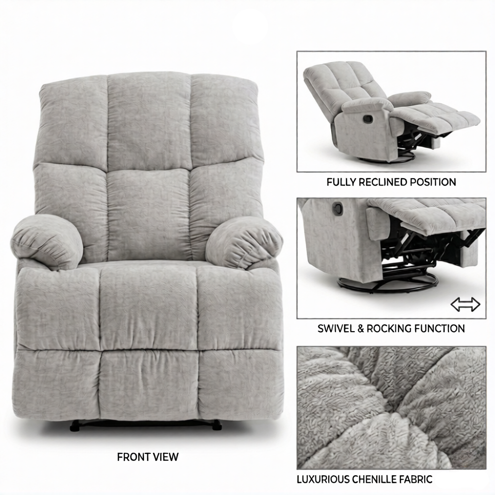 Lounge Swivel Rocking Recliner Sofa – Chenille Fabric (88 x 94 x 103 cm) - Light Grey