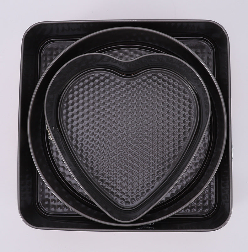 3-Piece Carbon Steel Springform Cake Mould Set with Removable Bases & Quick-Release Buckles – Round, Square & Heart Shape