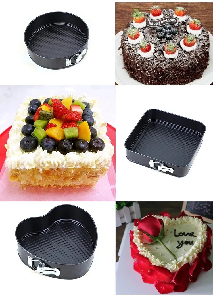 3-Piece Carbon Steel Springform Cake Mould Set with Removable Bases & Quick-Release Buckles – Round, Square & Heart Shape