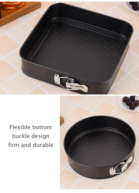 3-Piece Carbon Steel Springform Cake Mould Set with Removable Bases & Quick-Release Buckles – Round, Square & Heart Shape