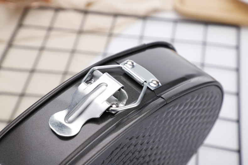 3-Piece Carbon Steel Springform Cake Mould Set with Removable Bases & Quick-Release Buckles – Round, Square & Heart Shape