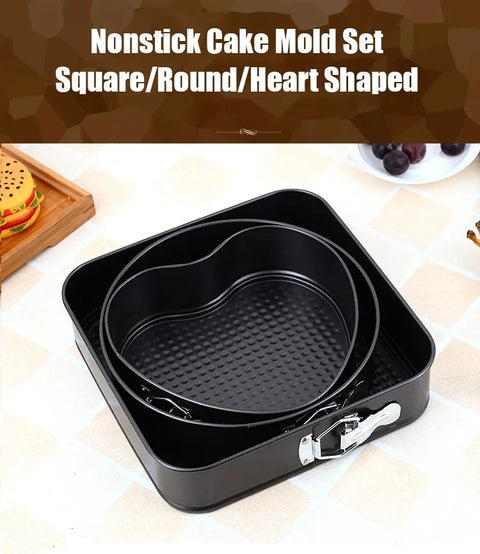 3-Piece Carbon Steel Springform Cake Mould Set with Removable Bases & Quick-Release Buckles – Round, Square & Heart Shape