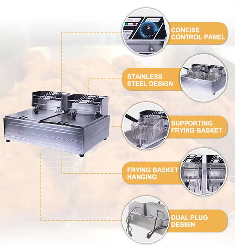 RAF High-Power Rapid-Heating Dual-Basket Deep Fryer 5000W – 5.5L + 5.5L Stainless Steel