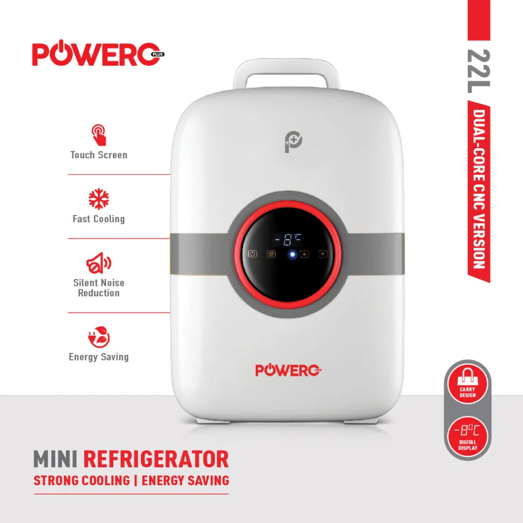 ثلاجة PoweroPlus صغيرة بسعة 22L ونظام تبريد ثنائي النواة CNC K22-2 - رمادي