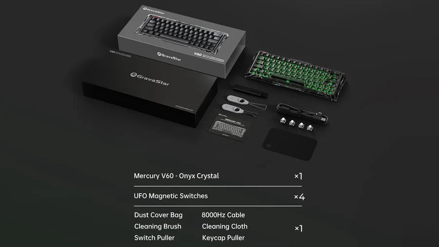 جرافاستار ميركوري لوحة مفاتيح الألعاب V60 بحجم 60% ومفاتيح مغناطيسية بتأثير Hall - كريستال أونيكس