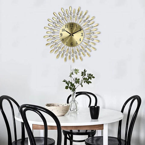 Modern Decorative Sunburst Wall Clock with Crystal Accents, Bold Numerals & Silent Quartz Sweep Movement