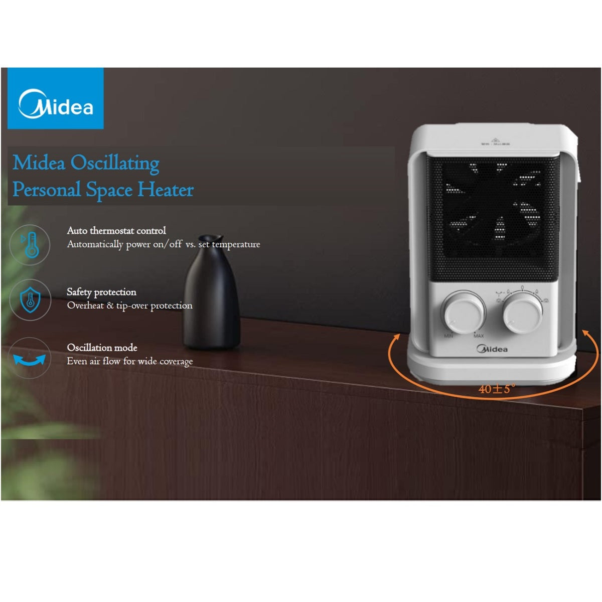 Midea Small PTC 2000W Energy Efficient Room Fan Heater for Office and Bedroom - NTY20-22E