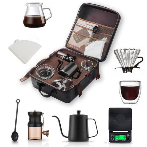 KKF, 8-Piece Outdoor Hand Brewing Coffee Making Set with Leather Carry Bag