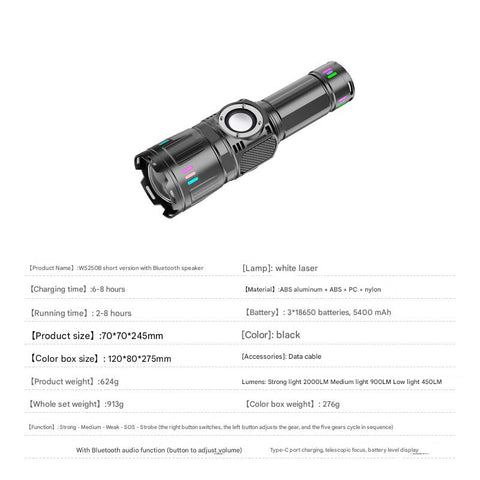 Multifunctional LED Emergency Flashlight with Built-in Bluetooth Speaker, 2000LM Bright Torch, 5400mAh Rechargeable Battery & Waterproof Design