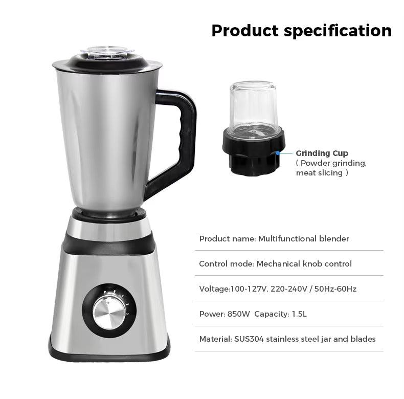 PURE 2-in-1 Stainless Steel Blender with Grinder Attachment – 1 L, 400 W