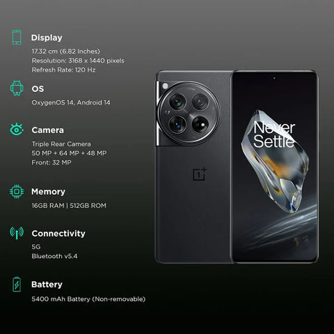 OnePlus 12 5G – 6.82-inch Pro XDR Display, 16GB RAM, 512GB Storage, Snapdragon 8 Gen 3, Ultra Fast Charging