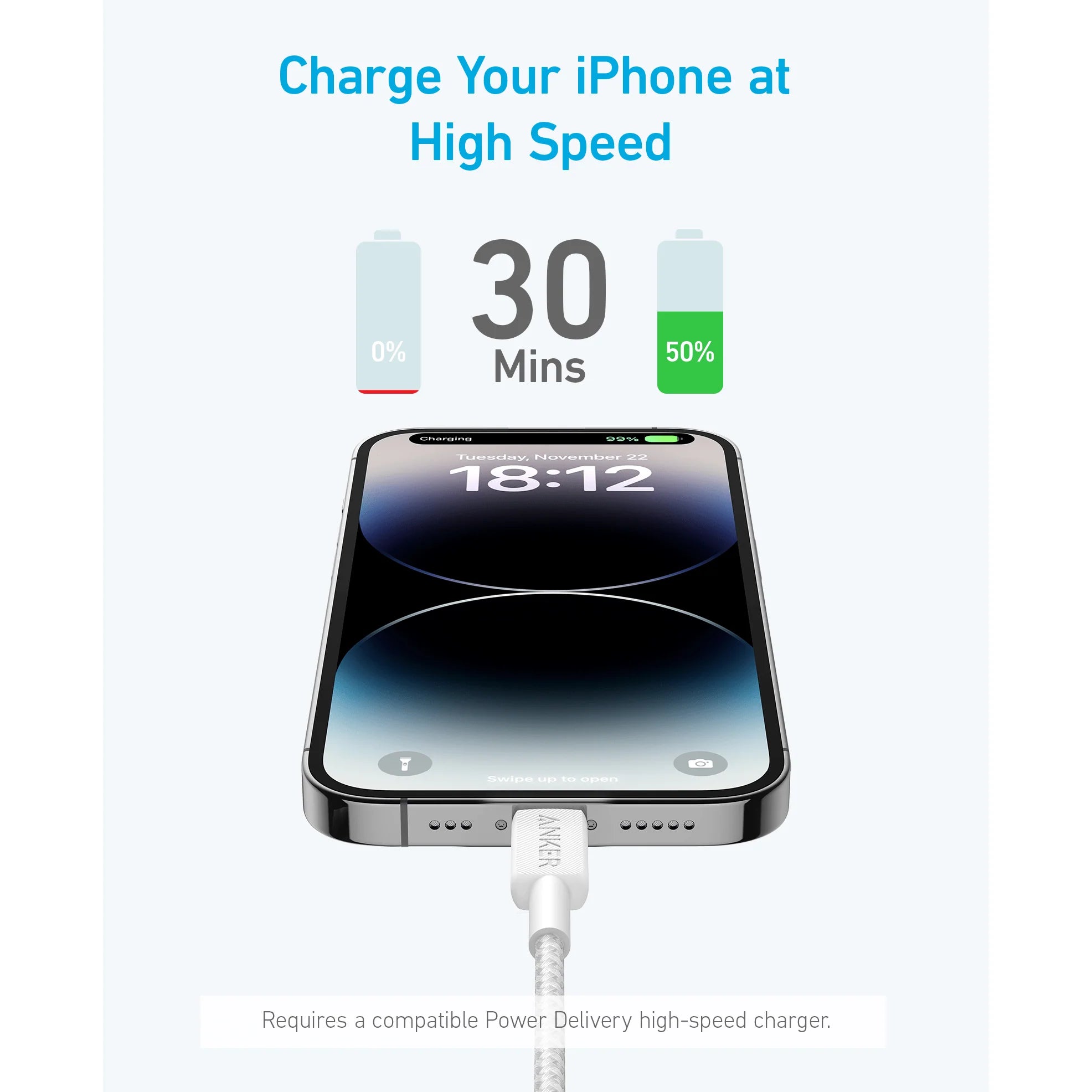 Anker 322 USB-C To Lightning Cable (6FT Braided) - White