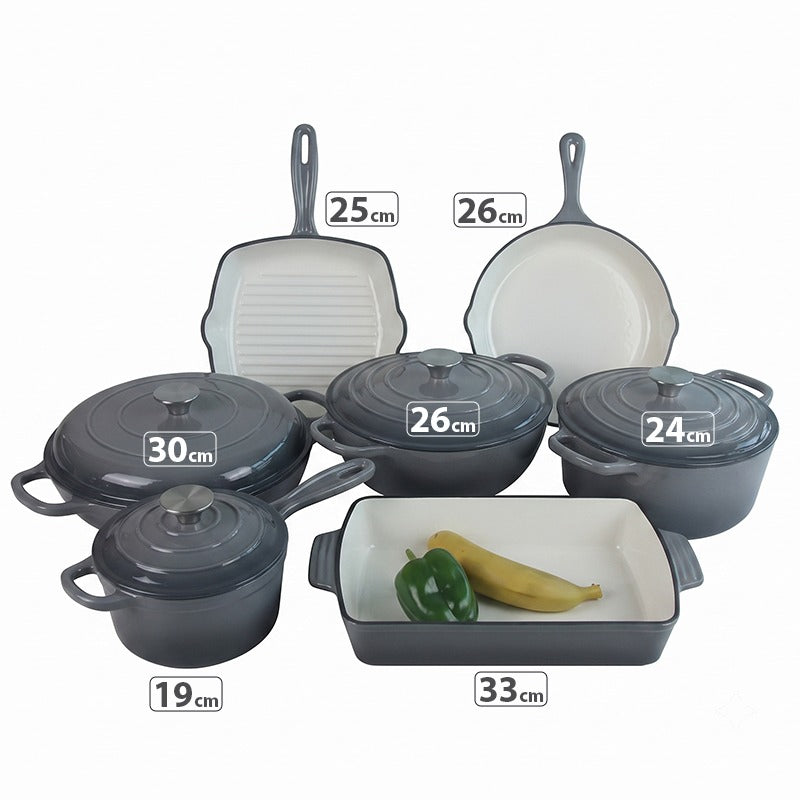 OSFE 11 PCS Enameled Cast Iron Cookware Set (24, 26, 30, 19cm) Pots, (33, 26,25 cm) Pans