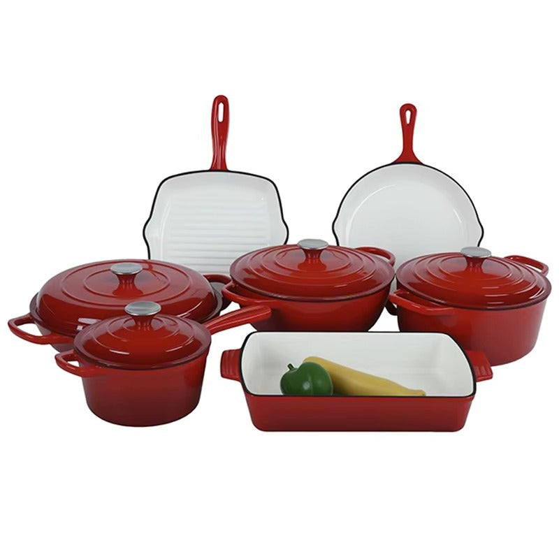 OSFE 11 PCS Enameled Cast Iron Cookware Set (24, 26, 30, 19cm) Pots, (33, 26,25 cm) Pans