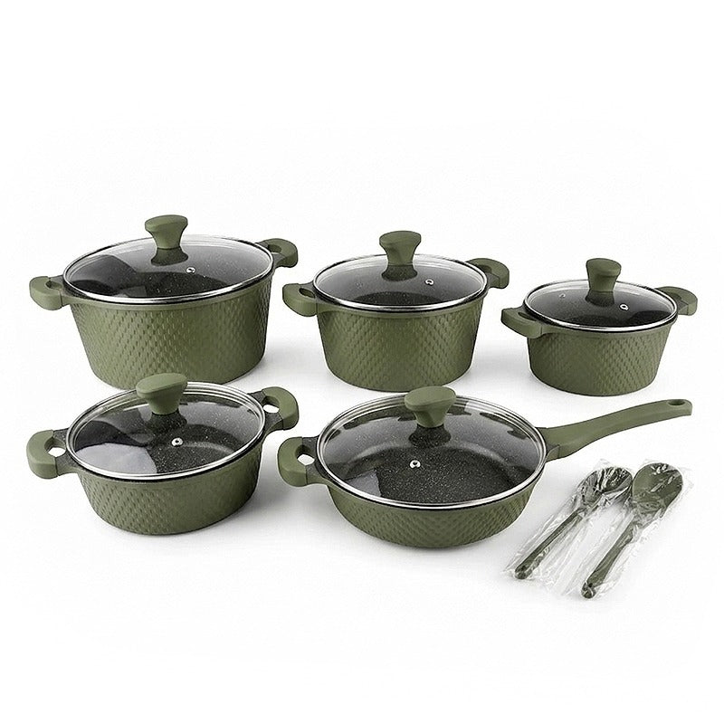 OSFE 12 PCS Aluminum Nonstick Granite Cookware Set (32, 28, 24, 20 cm Pots, 28 cm Pan with 2 Pcs of Utensil Tools) - Green