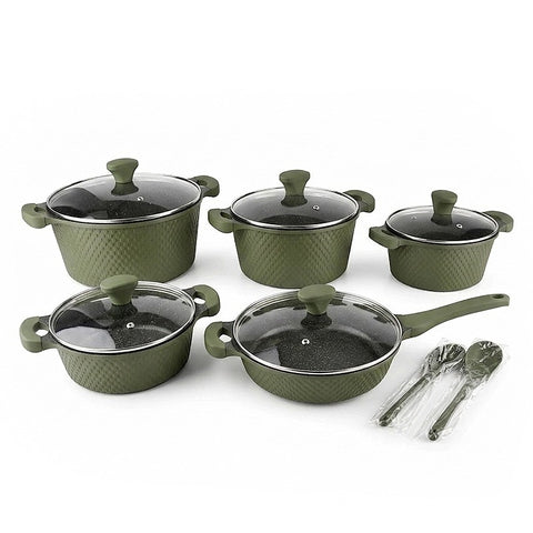 OSFE 12 PCS Aluminum Nonstick Granite Cookware Set (32, 28, 24, 20 cm Pots, 28 cm Pan with 2 Pcs of Utensil Tools) - Green