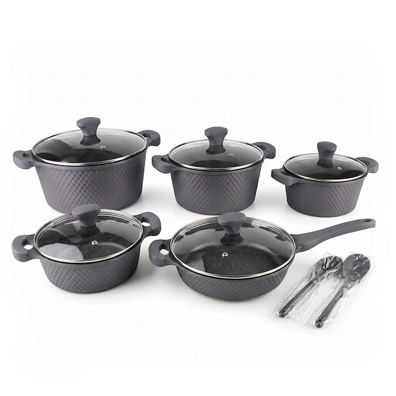 OSFE 12 PCS Aluminum Nonstick Granite Cookware Set (32, 28, 24, 20 cm Pots, 28 cm Pan with 2 Pcs of Utensil Tools) - Grey