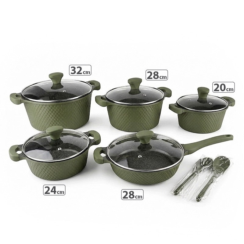 OSFE 12 PCS Aluminum Nonstick Granite Cookware Set (32, 28, 24, 20 cm Pots, 28 cm Pan with 2 Pcs of Utensil Tools) - Green
