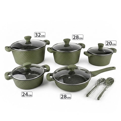 OSFE 12 PCS Aluminum Nonstick Granite Cookware Set (32, 28, 24, 20 cm Pots, 28 cm Pan with 2 Pcs of Utensil Tools) - Green