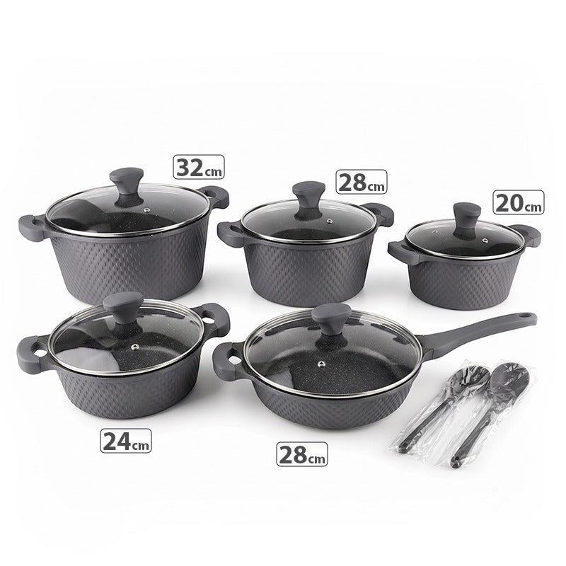 OSFE 12 PCS Aluminum Nonstick Granite Cookware Set (32, 28, 24, 20 cm Pots, 28 cm Pan with 2 Pcs of Utensil Tools) - Grey
