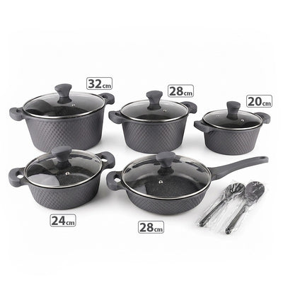 OSFE 12 PCS Aluminum Nonstick Granite Cookware Set (32, 28, 24, 20 cm Pots, 28 cm Pan with 2 Pcs of Utensil Tools) - Grey