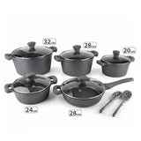 OSFE 12 PCS Aluminum Nonstick Granite Cookware Set (32, 28, 24, 20 cm Pots, 28 cm Pan with 2 Pcs of Utensil Tools) - Grey