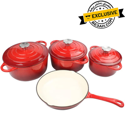 OSFE Cast Iron Cookware Set 7 PCS (Casseroles with lids 20, 22, 24 cm, Fry Pan 26 cm) - Red