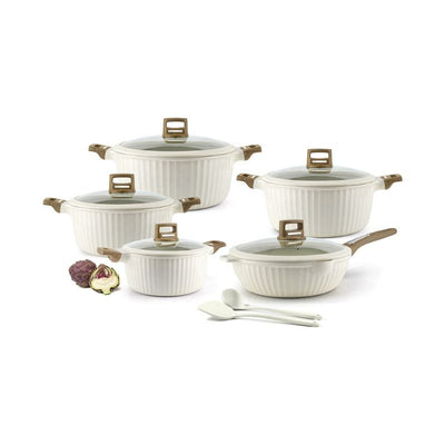 OSFE Granite Cookware Set 12 pcs  20-24-28-32cm casserole with lid  28cm deep fry pan with silicone lid, 2pcs silicone kitchen tools - Ivory